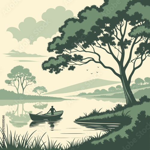 A serene lake scene featuring a lone rower surrounded by lush greenery and tranquil waterscape