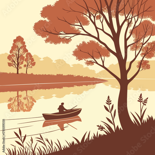 A serene scene of a lone rower on a tranquil lake surrounded by autumnal trees