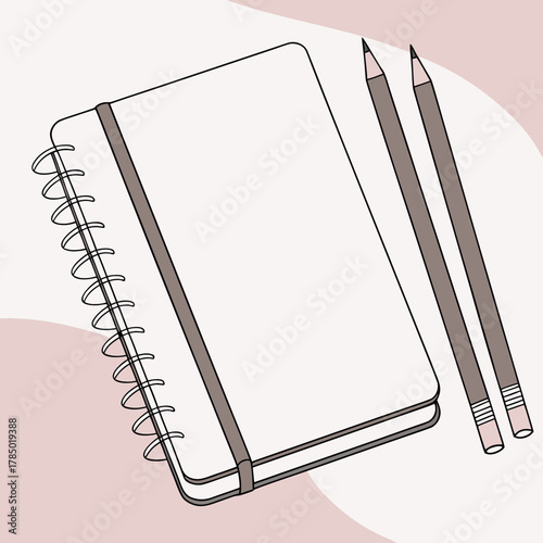 A simple illustration of a notebook with a spiral binding and two pencils