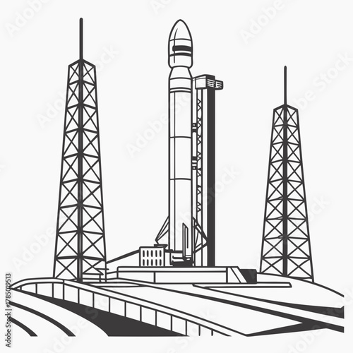 Detailed black and white illustration of a rocket on a launchpad