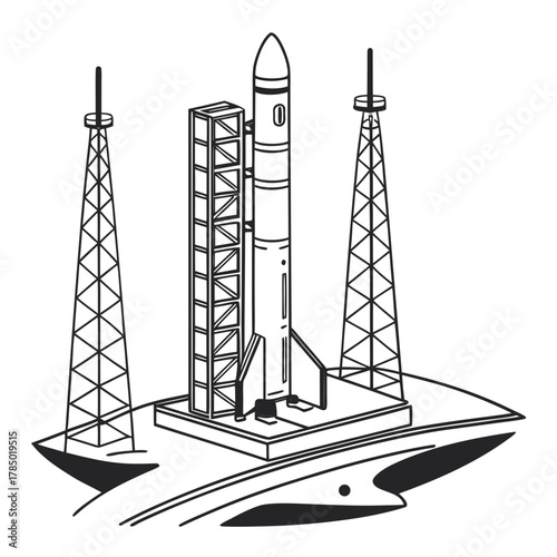 Detailed black and white illustration of a rocket on a launchpad with towers