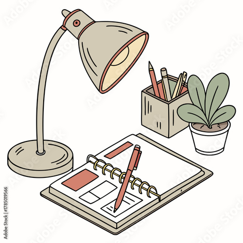 Illustration of a desk lamp, notebook, stationery, and plant