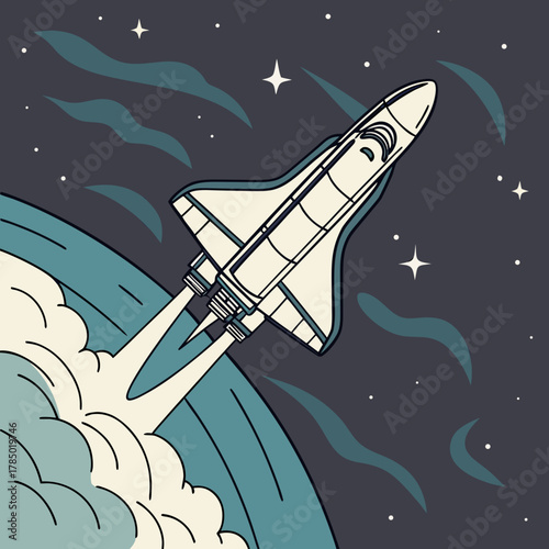 Illustration of a space shuttle launching from earth with a starry background and vapor trails
