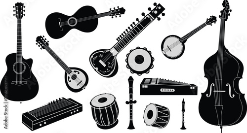 Musical instrument silhouettes, guitar, sitar, mandolin, banjo, tabla, tambourine, harmonium, dhol, shehnai, recorder, zither, double bass, cultural music icons, global instruments,