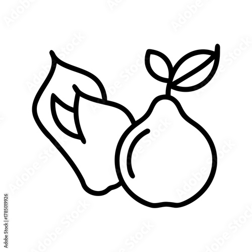 Pear fruit with leaf, minimalist black and white illustration
