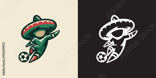 Minimalist Mexico soccer logo with player in sombrero kicking ball illustration