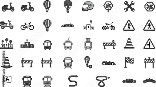 Transportation icons, racing symbols, road safety signs, scooter, motorcycle, bicycle, train, podium, traffic cone, checkered flag, formula car, map pin, hot air balloon, parachute, road