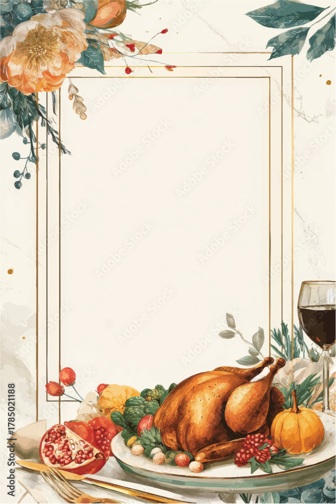 Naklejka premium Autumn holiday dinner invitation template with roasted turkey in decorative geometric frame