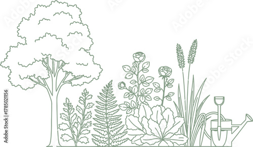 A serene garden scene featuring a lush tree, various plants, and a watering can, evoking tranquility and natural beauty