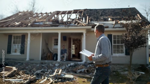 Insurance Agent Holding Clipboard Assessing Damaged House After Storm Disaster