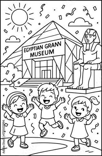 hand drawn vector illustration of Grand Egyptian Museum coloring page for kids