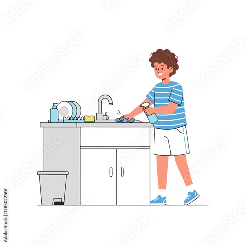 Cute Cartoon Family Cleaning Kitchen Vector Illustration
