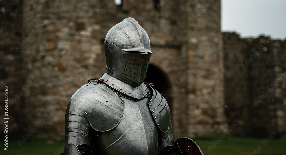 Fototapeta premium Majestic full plate armor stands vigil before an ancient stone castle, embodying medieval courage and honorable service ,valor ,medieval era ,iconic