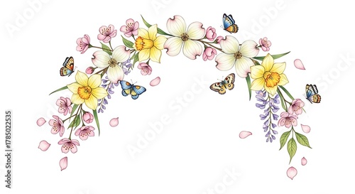 Watercolor floral arrangement featuring daffodils dogwood blossoms and butterflies in pastel colors