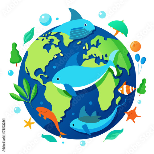 Cute cartoon planet earth with marine life and nature elements isolated on transparent background