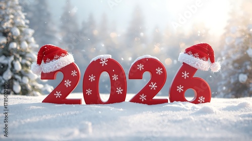 The year 2026 with santa hats in a snowy landscape