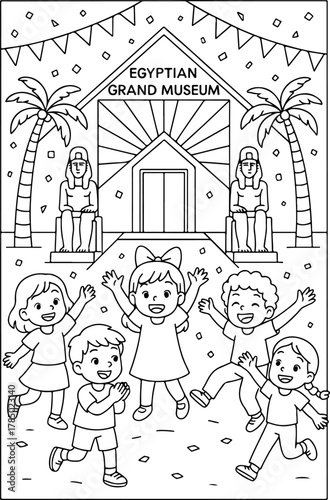 hand drawn vector illustration of Grand Egyptian Museum coloring page for kids