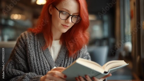 Redheaded woman in glasses quietly reads a book in a cozy cafe, enjoying a moment of focus