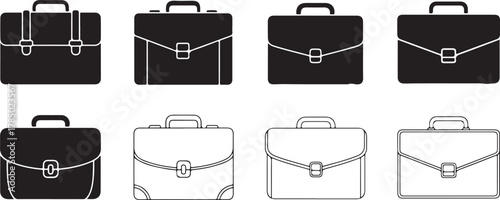 Black and white briefcase icons with various clasps and strap details portfolio document holder