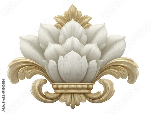 White lotus flower with gold ornate leaves, elegant floral decoration, luxury vintage style, isolated on transparent background, suitable for invitation, greeting card, or interior design