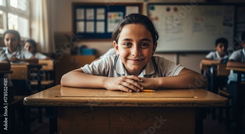 A Focused Student: A young, beaming student rests his arms on his desk, his gaze radiating confidence and poise. Capturing the bright future and promise of education.