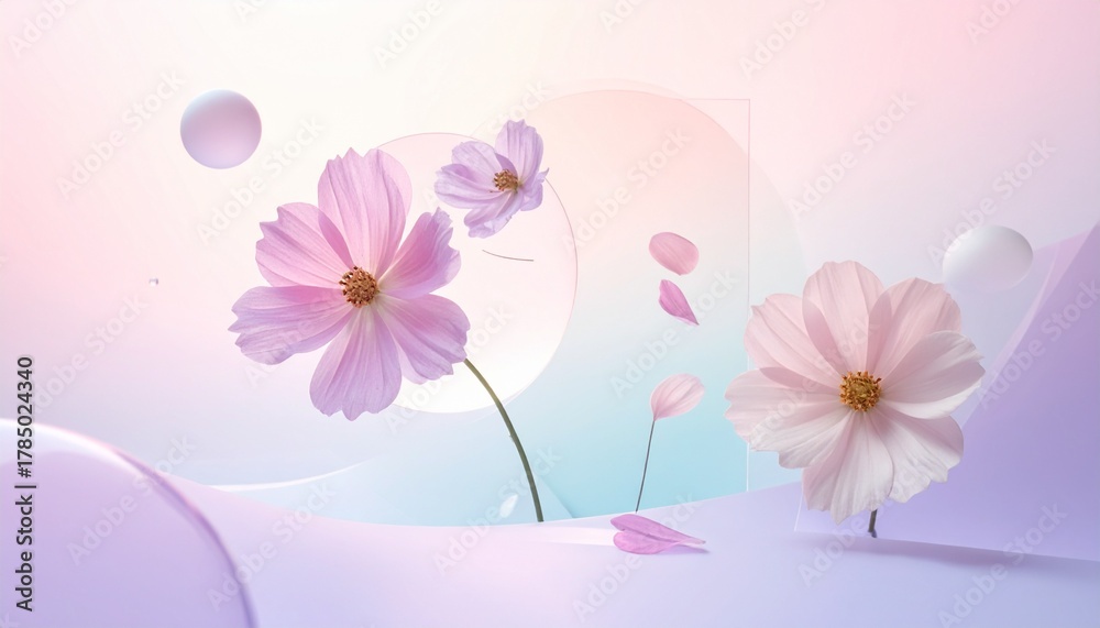 Naklejka premium Dreamlike abstract background combining floral silhouettes and transparent geometric layers
