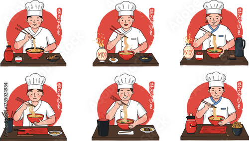 Japanese chefs eating ramen noodles at restaurant table, professional cooks enjoying hot noodle soup, Asian food illustration, delicious cuisine concept