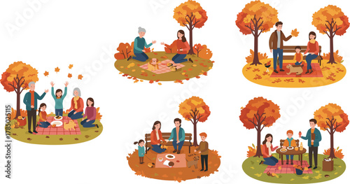 Happy family enjoying autumn picnic in park, relaxing together under colorful fall trees with food, dog, and golden leaves