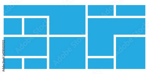 Blue modern bento-grid icons on white background.  Abstract blue bento grid icons on white page. Puzzle brick bento icons on white page. Modern geometric templet visual brick icons. EPS 10. 