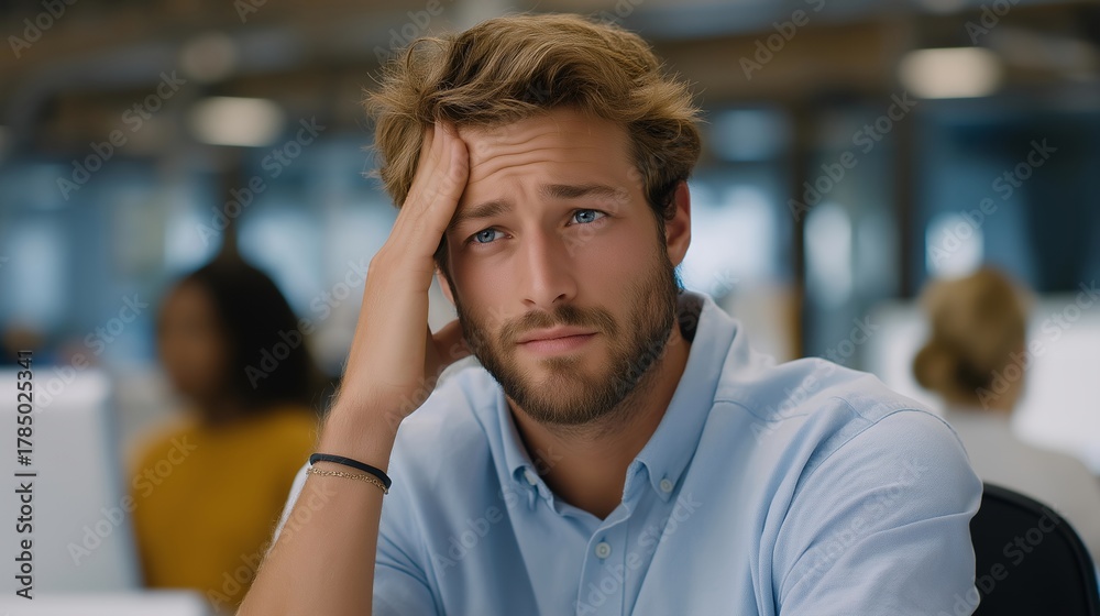 Obraz premium Candid close-up of stressed startup founder holding head in hands as team works behind them — representing crisis management, emotional intelligence under stress, adaptability in business, and the