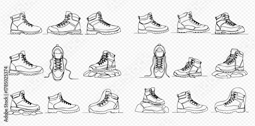 Vector line art illustration set of hiking boots and work shoes, featuring various angles and styles.