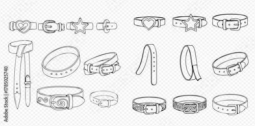 Line art collection of various fashion belts with different buckles and styles.