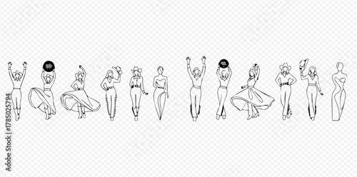 Collection of diverse female line art illustrations in various poses and outfits, including dancers and stylized figures.