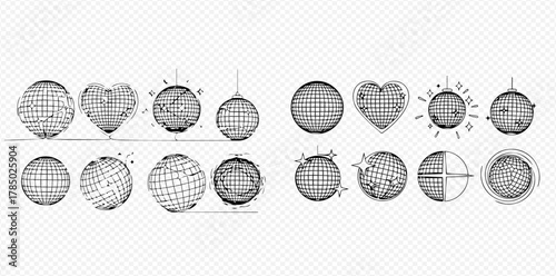 Hand-drawn sketch collection of various disco balls and heart-shaped mirror balls, perfect for party and celebration designs.