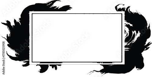 Square frame surrounded by black ink splatters. Border frame brush stroke unique black and white. Grunge speech frame with textured edges on white background.