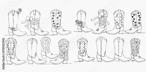 Line art illustration of various cowboy boots with different decorative elements and patterns, perfect for western-themed designs.