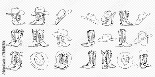 Collection of continuous line art drawings featuring various cowboy hats and boots, showcasing western fashion accessories in a minimalist sketch style.