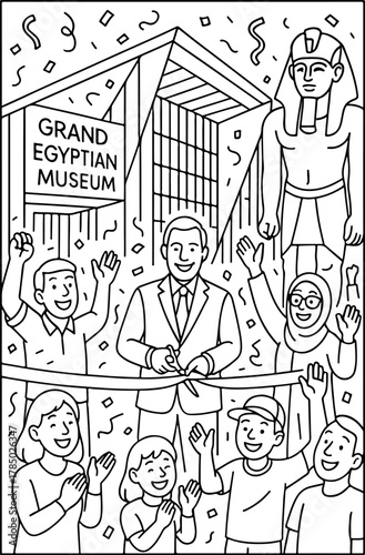 hand drawn vector illustration of Grand Egyptian Museum coloring page for kids