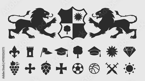 Heraldic, Crest logo template. Heraldry logo with lions and simple icons set. Vector illustration