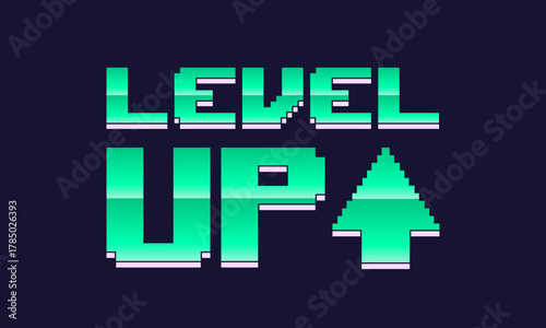 Level Up retro futuristic glow logo. Print for T-shirt, typography. Vector illustration