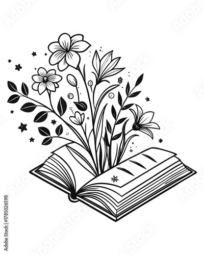 A hand-drawn illustration of an open book with a whimsical arrangement of flowers and leaves emerging from its pages