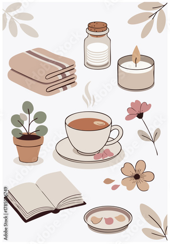 Vector cozy self-care items: tea, candle, book, plant, towel, petals.