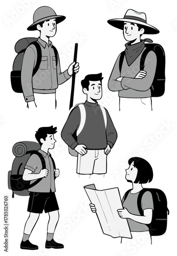 Vector explorers with backpacks, maps, and hats in adventurous poses