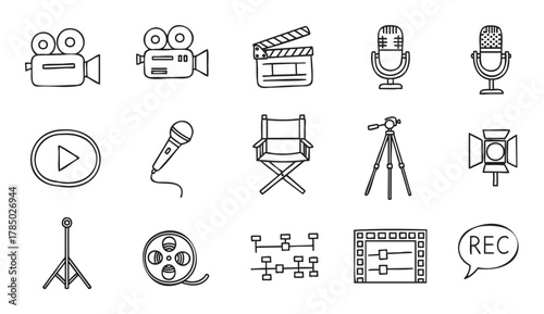 Hand-drawn black outline icons of film production equipment, featuring cameras, clapperboards, microphones, a director's chair, and lighting gear.