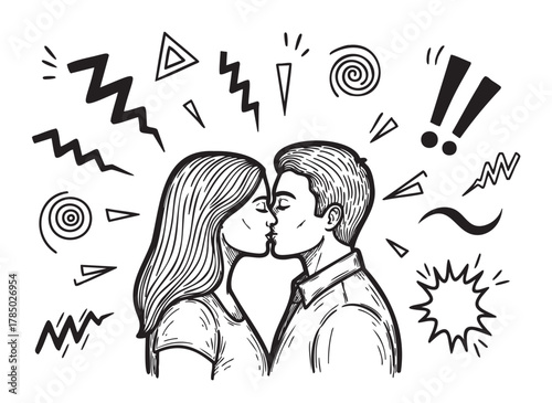 Black and white sketch of a young caucasian couple kissing amidst abstract shapes and symbols expressing lively emotion and energy.