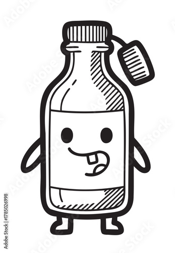 Playful cartoon bottle character with a toothy grin and flip-top cap, depicted with arms and legs in bold black outline.