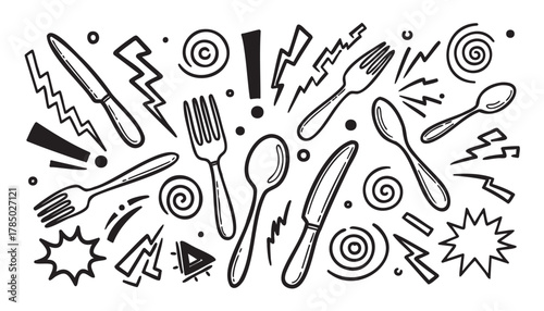 Black and white doodle pattern of various kitchen utensils, including forks, knives, and spoons arranged with zigzag and swirl designs.