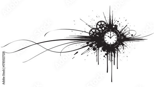 Black ink splatter artwork with a clock and gears, featuring abstract lines and intricate mechanical details against a white backdrop.