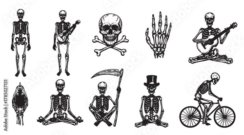 Black and white illustration featuring various skeletal figures with musical instruments, a scythe, and bicycles, each positioned in different postures.