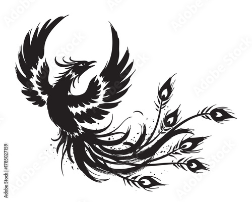 Black silhouette of a mystical phoenix with outstretched wings and elaborate tail feathers adorned with eye-like patterns.